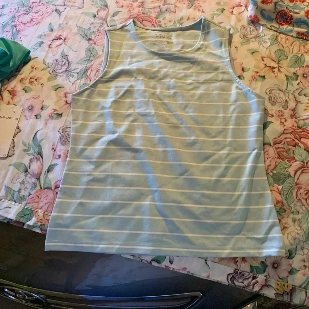 Adrienne Vittadini Ladies Blue & White Stipe Tank Top Size Medium